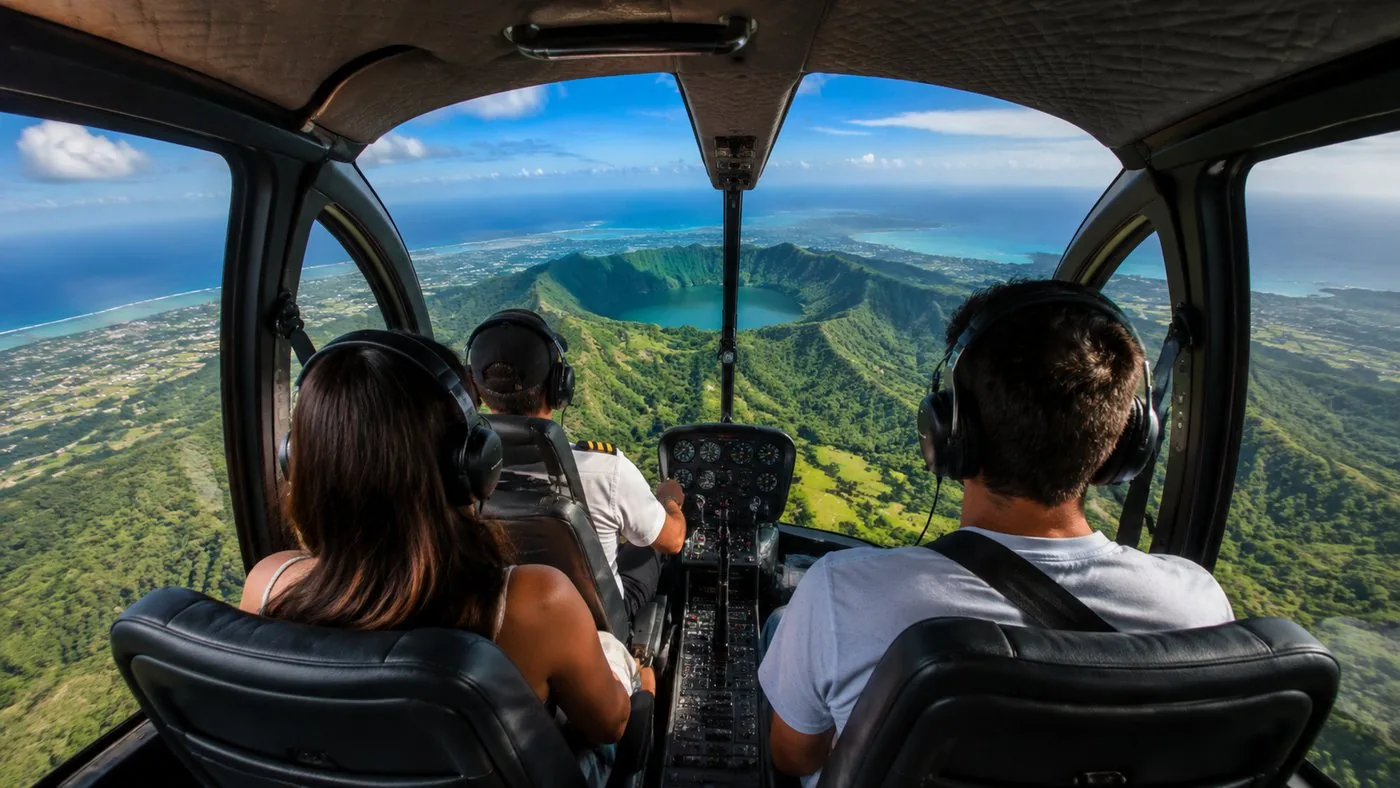 Le survol du « sandfall »: le pilote incline l’hélicoptère au-dessus de la pointe sud-ouest du Le Morne afin que les deux côtés de la cabine profitent de la vue